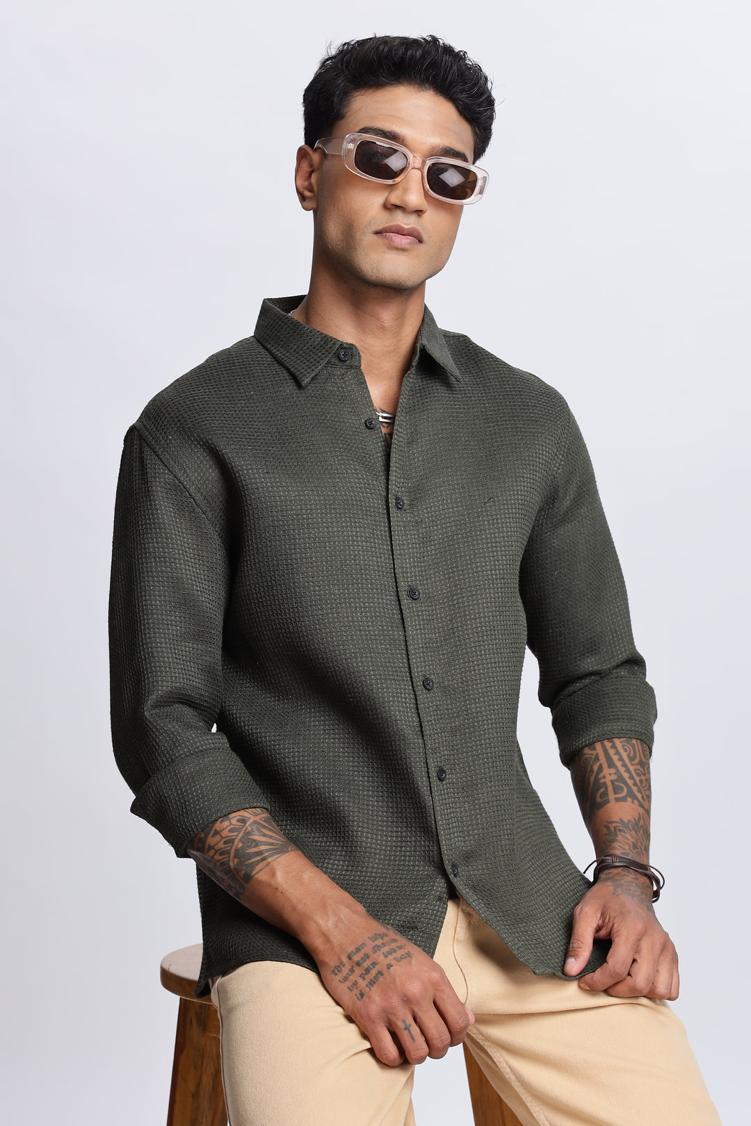 Solids Olive : Textured Fabric Shirt