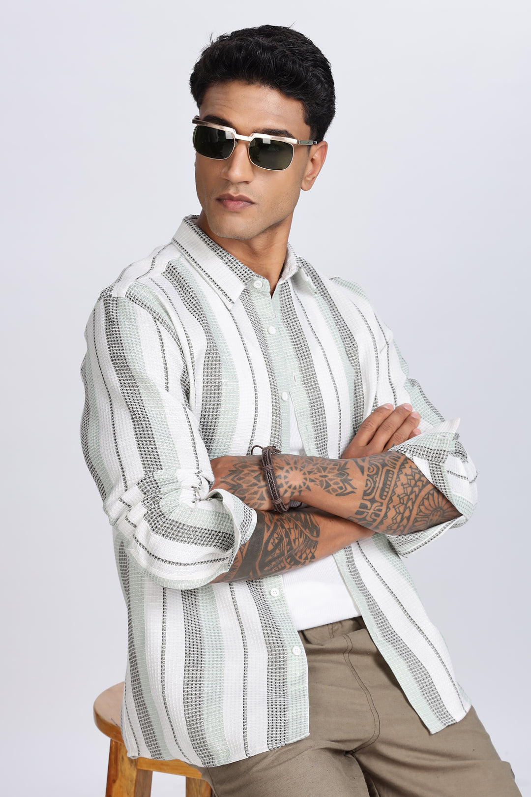 Stripes: Green Textured fabric Shirt