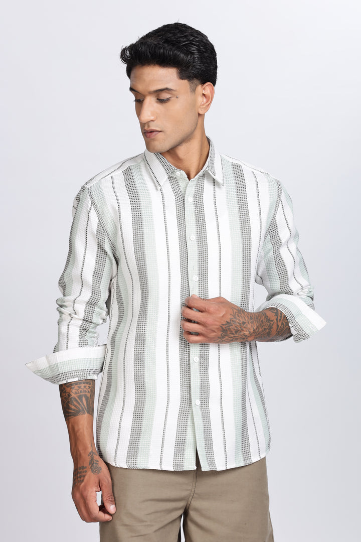 Stripes: Green Textured fabric Shirt