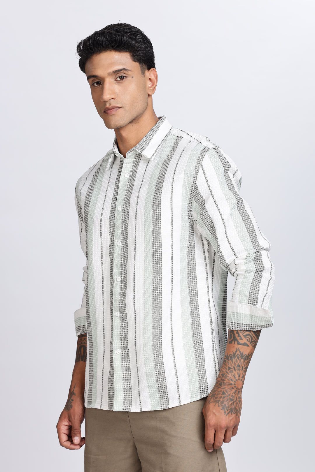 Stripes: Green Textured fabric Shirt