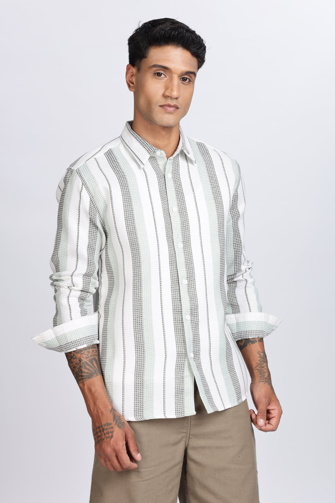 Stripes: Green Textured fabric Shirt