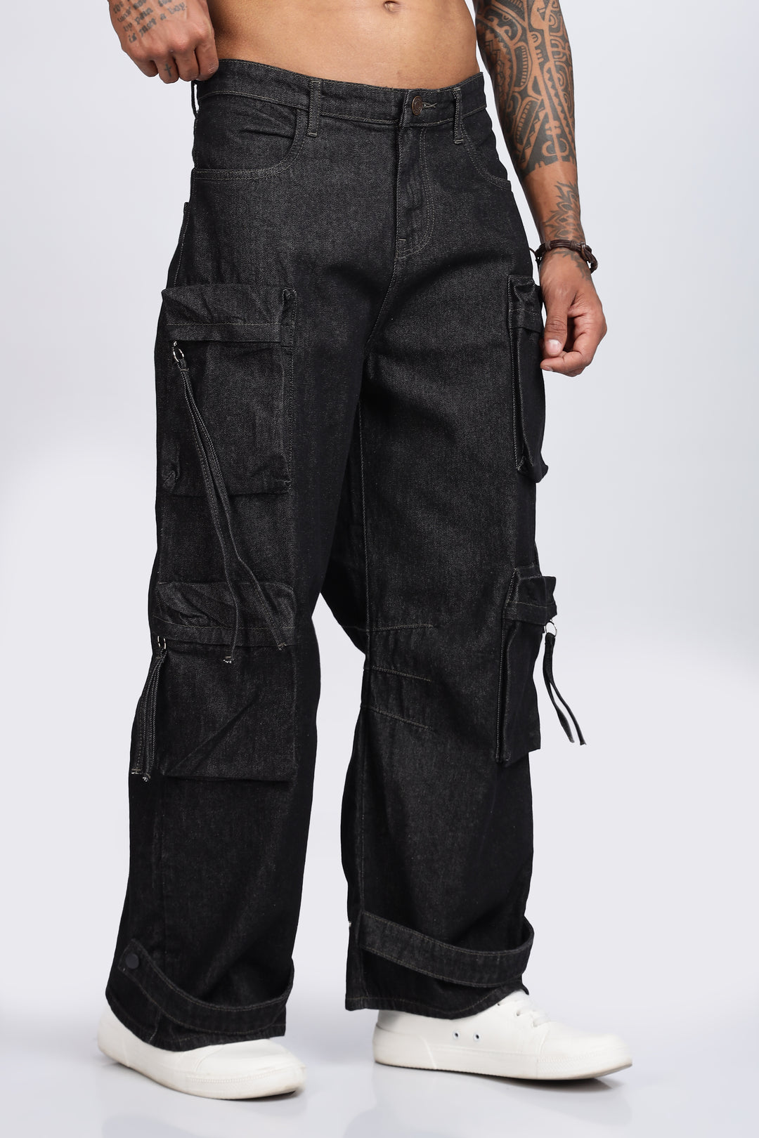 Coal Black Baggy Cargo Pants