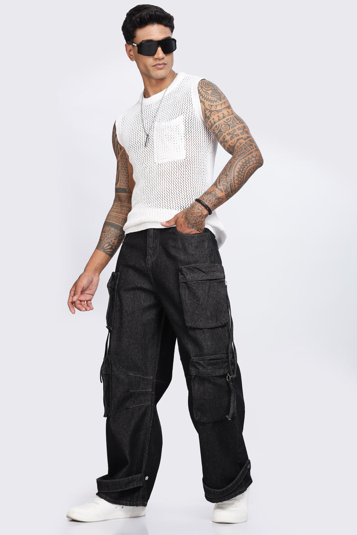 Coal Black Baggy Cargo Pants