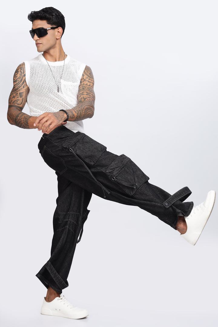 Coal Black Baggy Cargo Pants