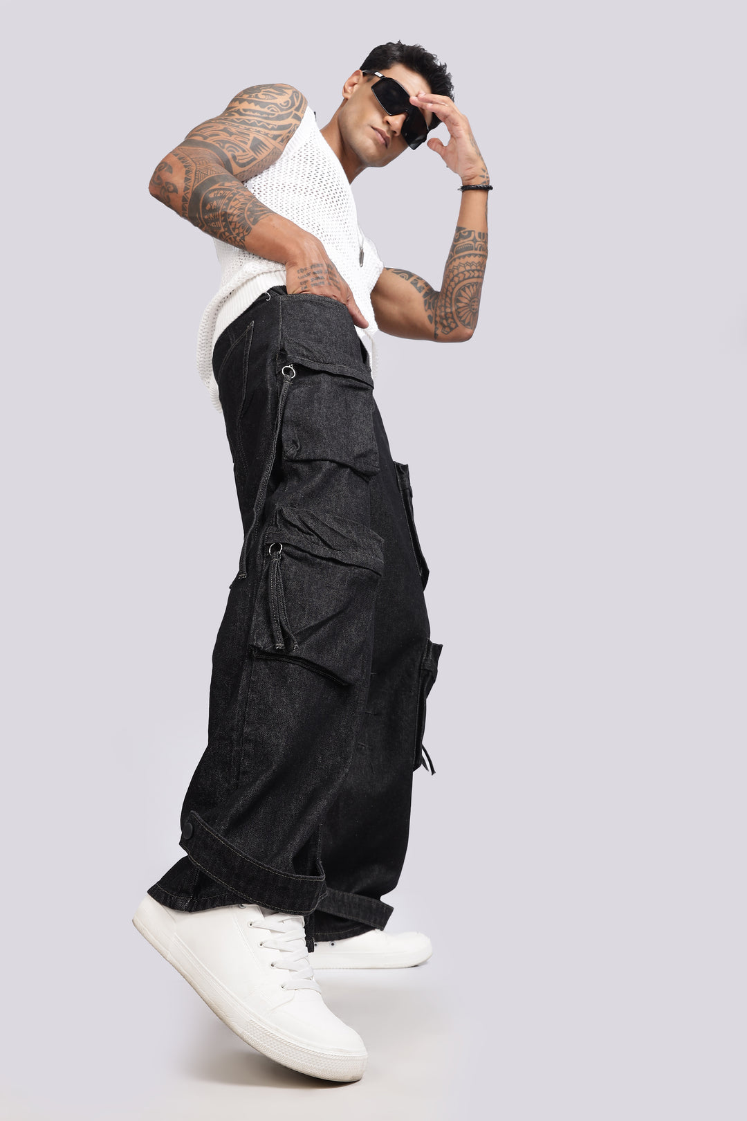 Coal Black Baggy Cargo Pants