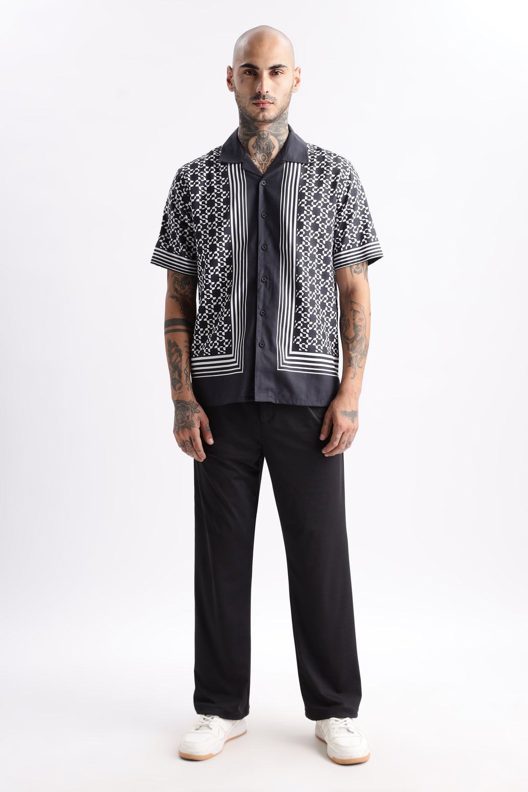 Square Print Black Cotton Cuban Shirt