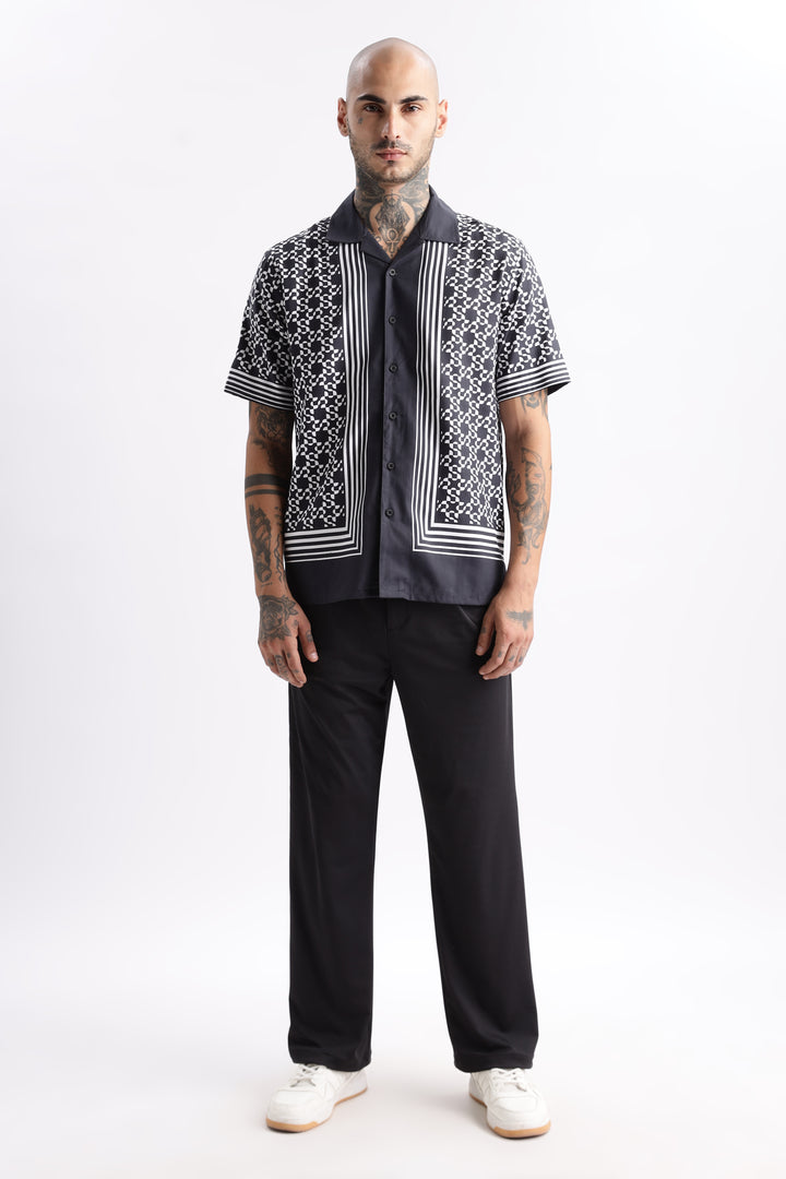 Square Print Black Cotton Cuban Shirt