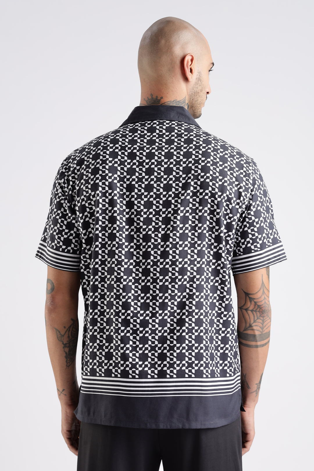 Square Print Black Cotton Cuban Shirt