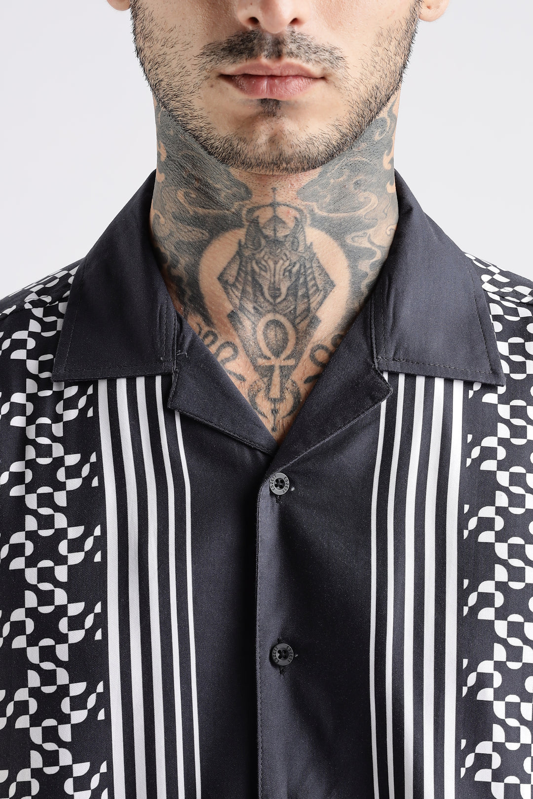 Square Print Black Cotton Cuban Shirt