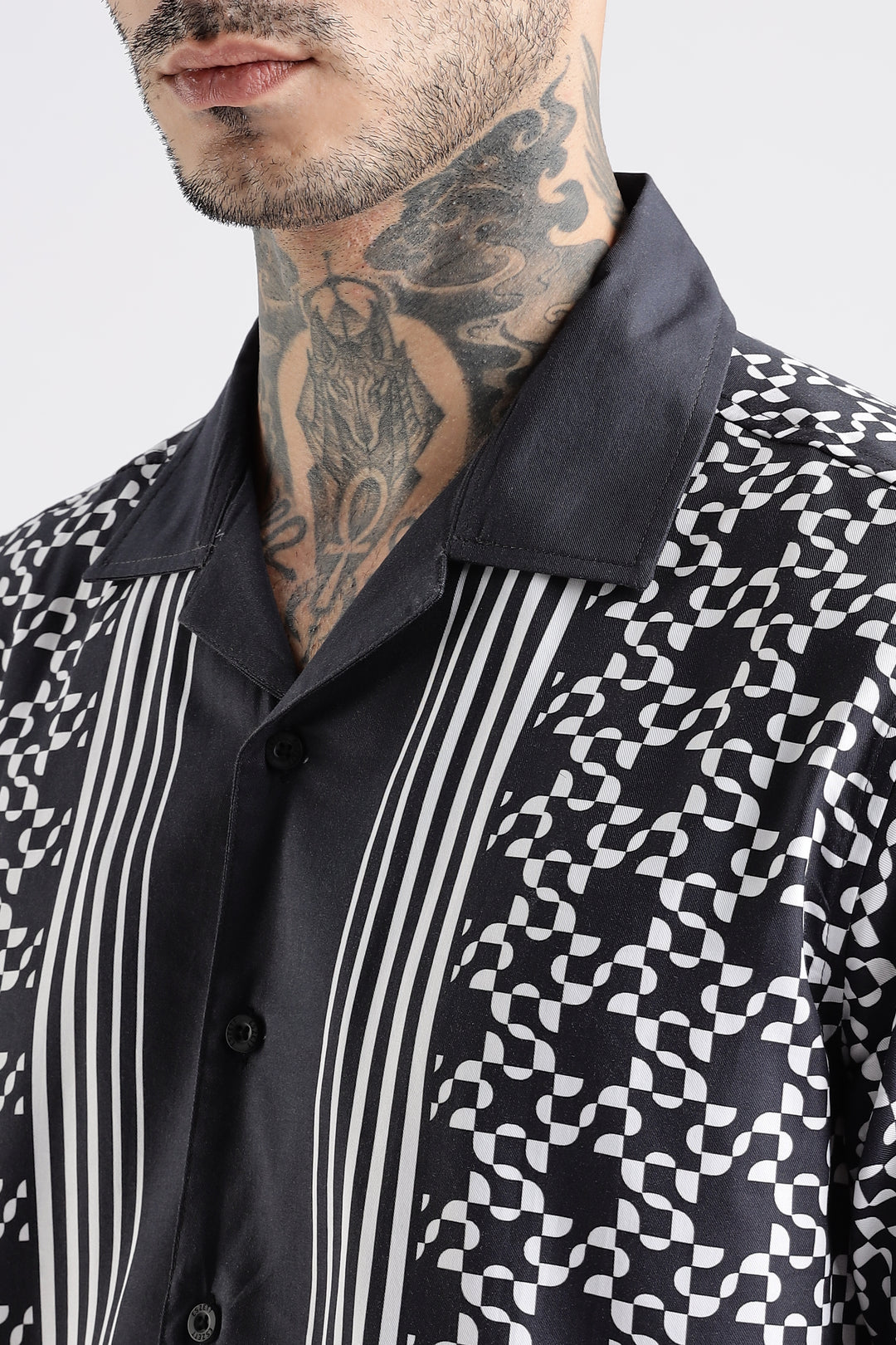 Square Print Black Cotton Cuban Shirt