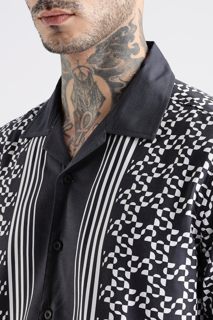 Square Print Black Cotton Cuban Shirt