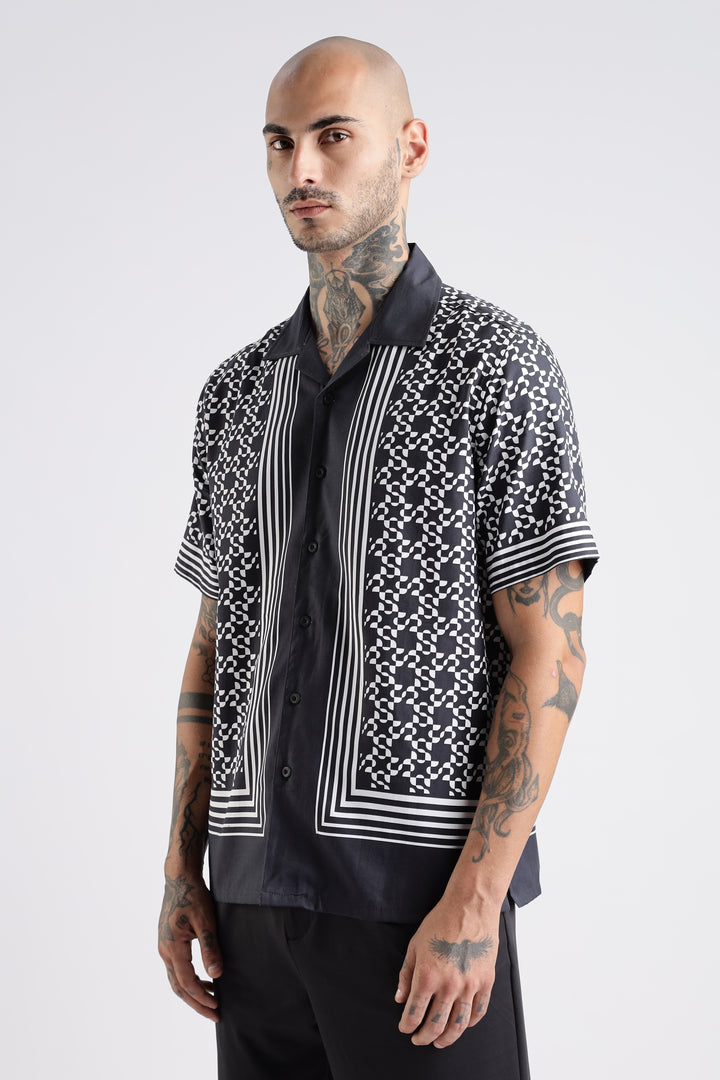 Square Print Black Cotton Cuban Shirt