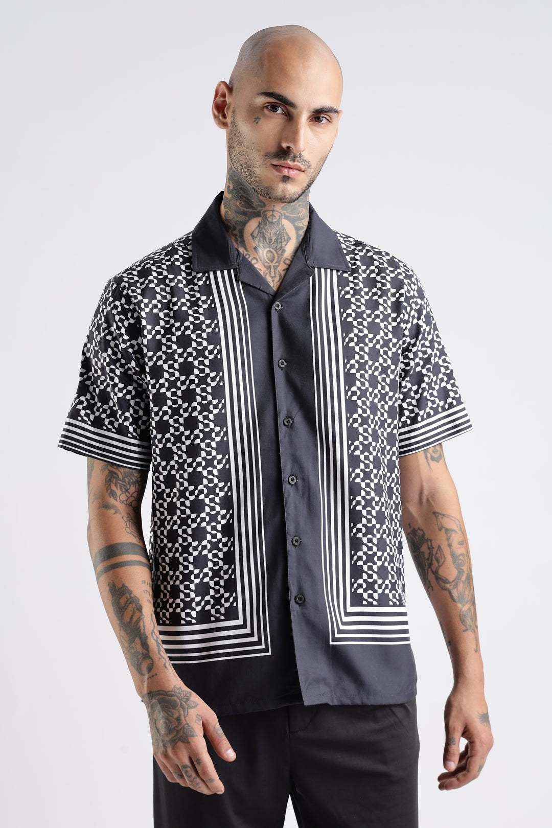 Square Print Black Cotton Cuban Shirt