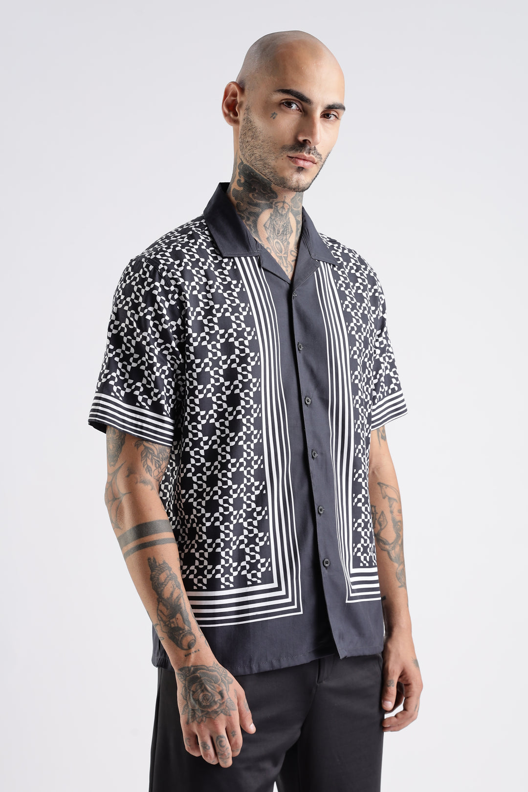 Square Print Black Cotton Cuban Shirt