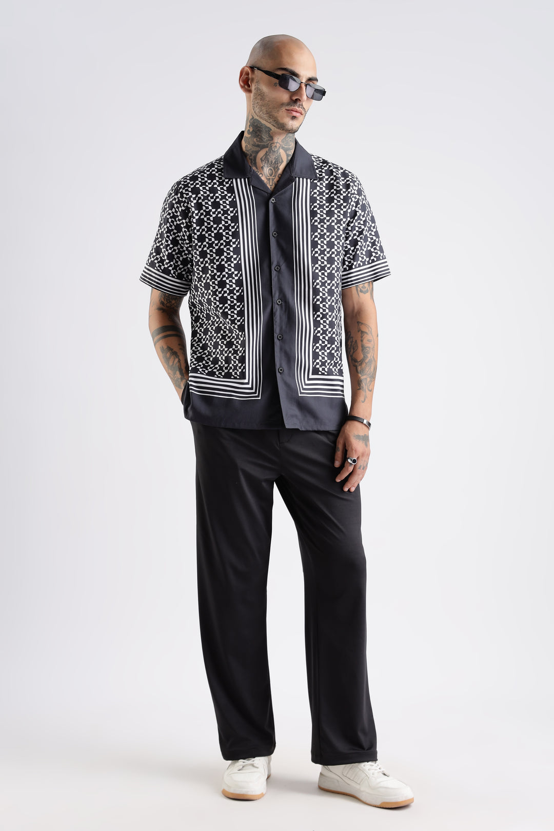 Square Print Black Cotton Cuban Shirt