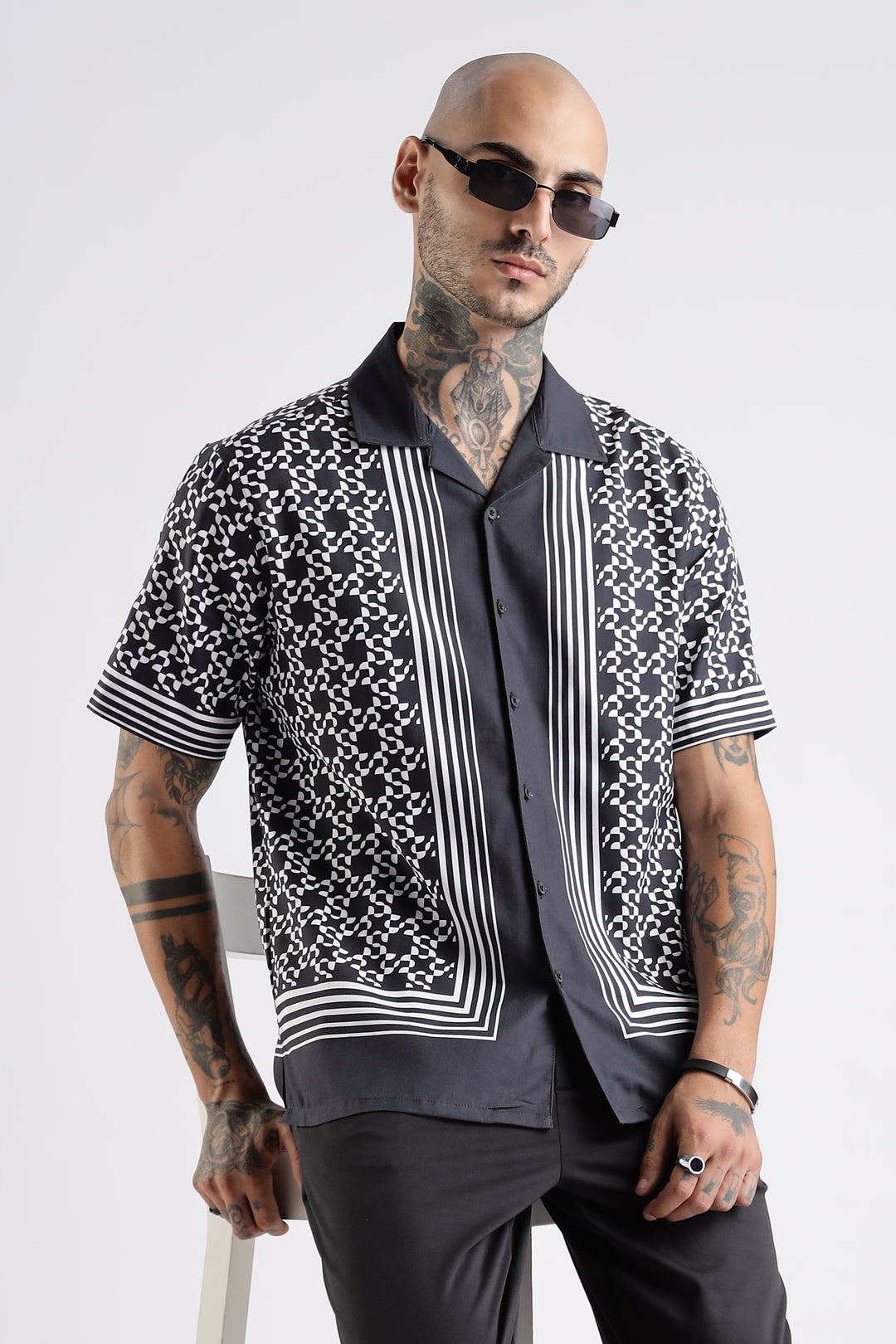 Square Print Black Cotton Cuban Shirt