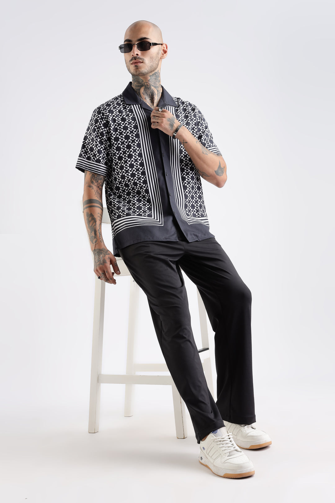 Square Print Black Cotton Cuban Shirt