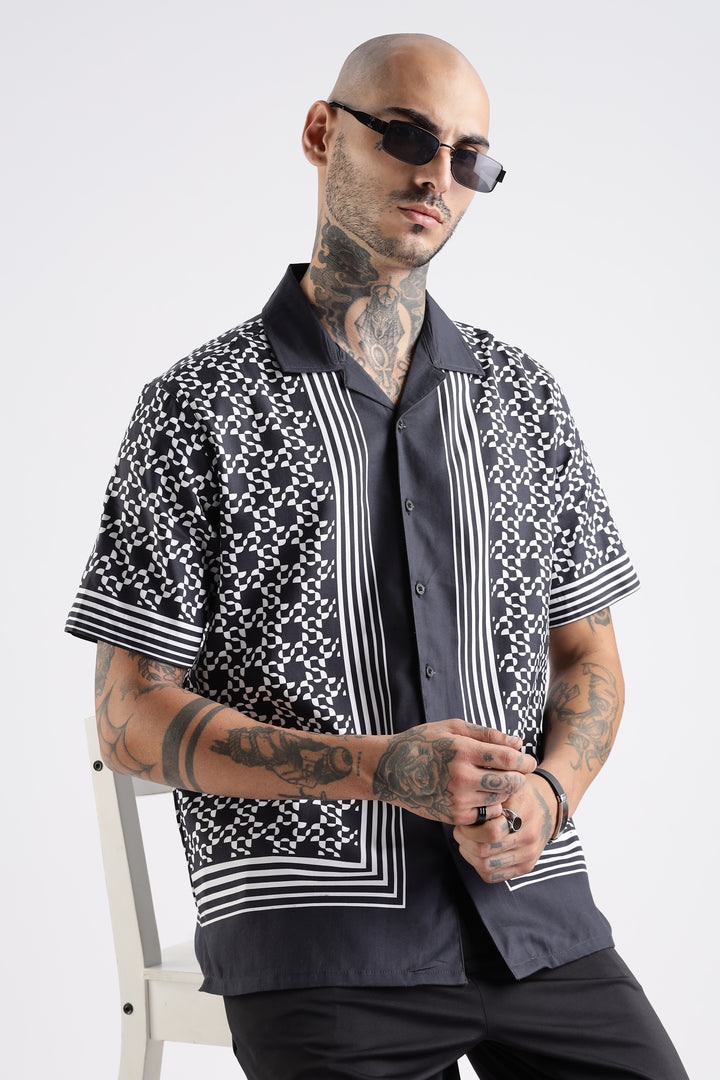 Square Print Black Cotton Cuban Shirt