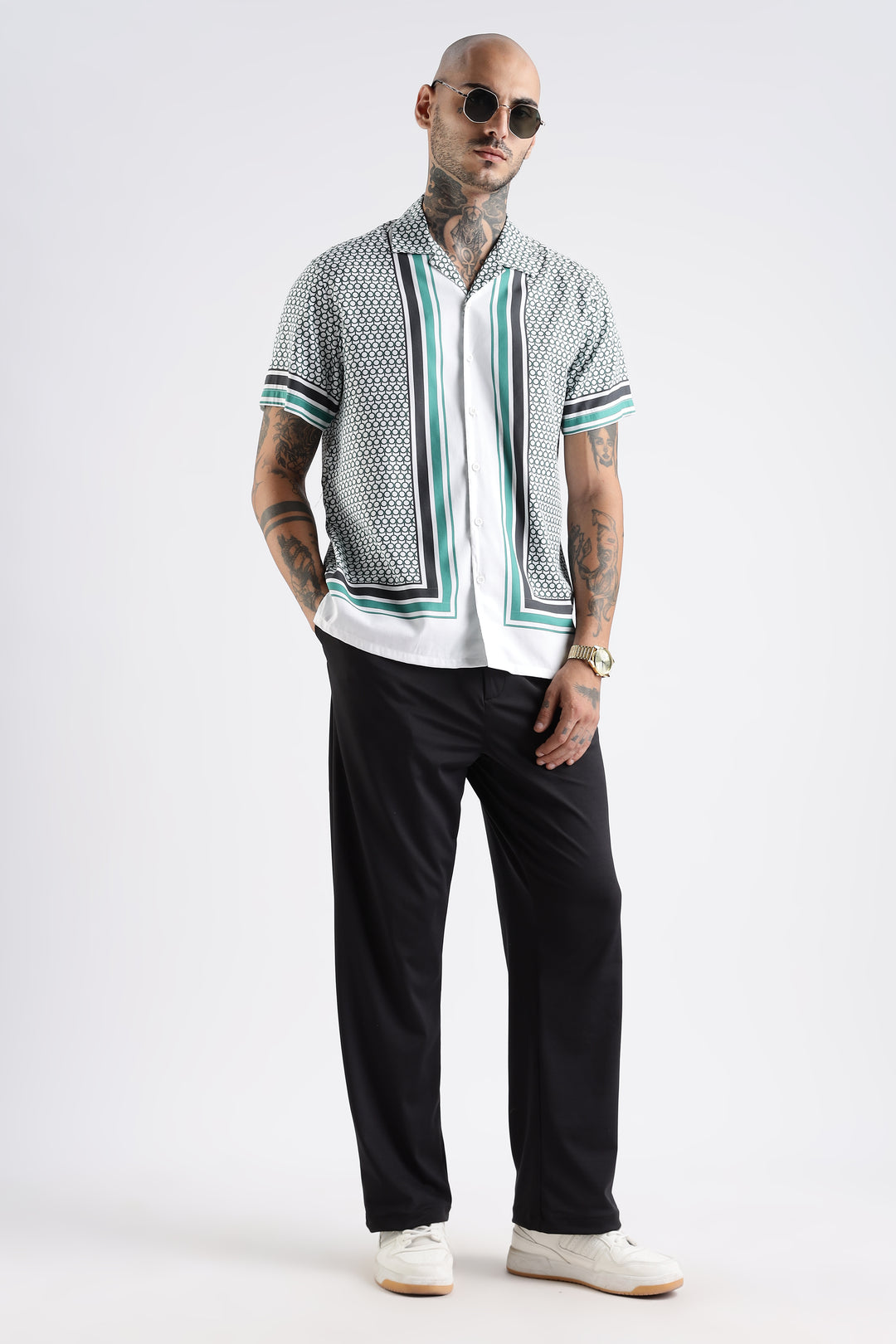 Originals: White Block Print Cotton Cuban Shirt