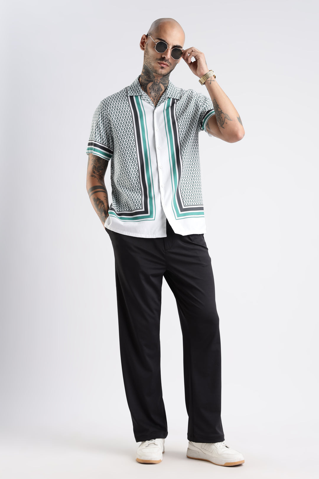 Originals: White Block Print Cotton Cuban Shirt