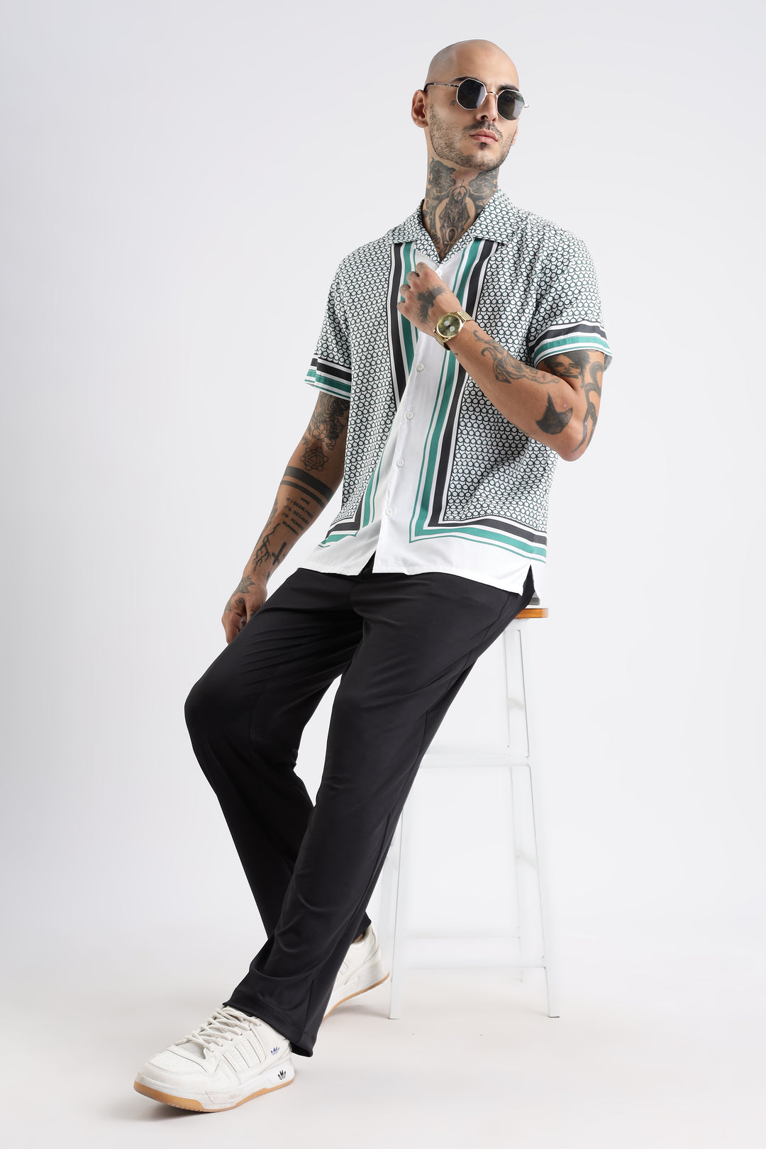 Originals: White Block Print Cotton Cuban Shirt