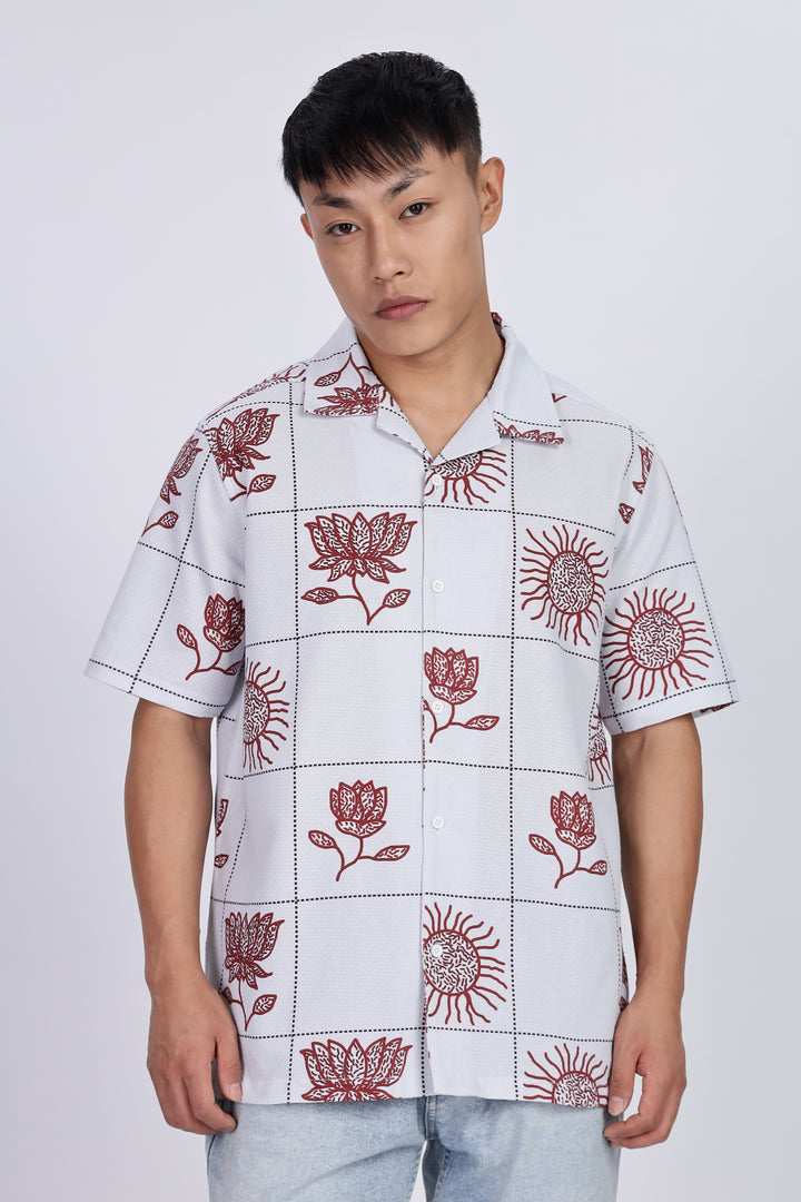 Textured: Cubic Sun Printed White Cuban shirt