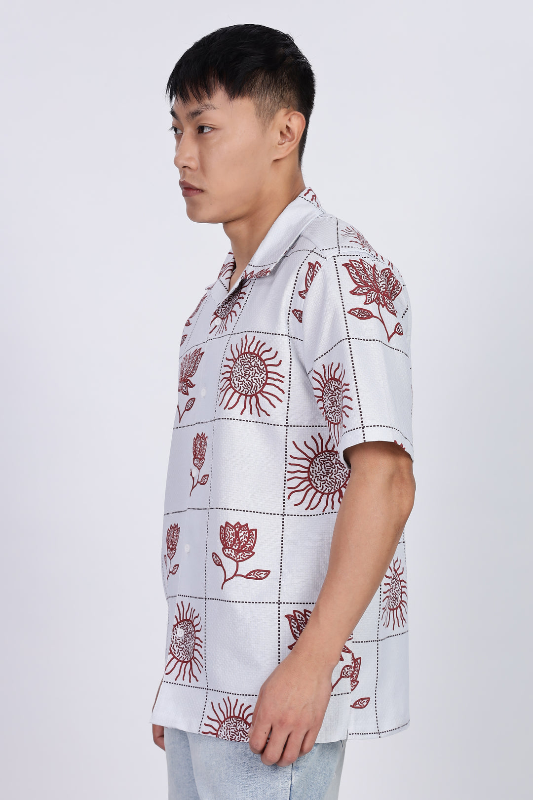 Textured: Cubic Sun Printed White Cuban shirt