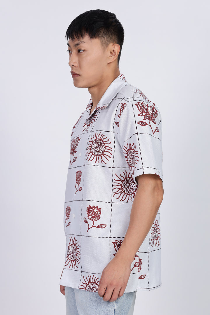 Textured: Cubic Sun Printed White Cuban shirt