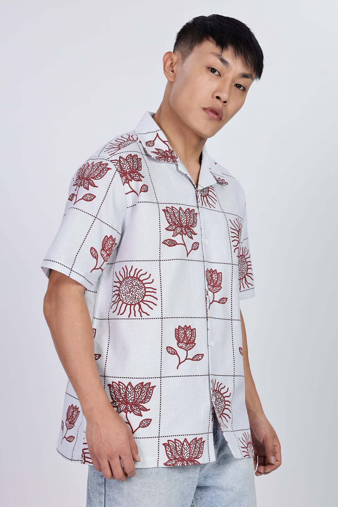Textured: Cubic Sun Printed White Cuban shirt