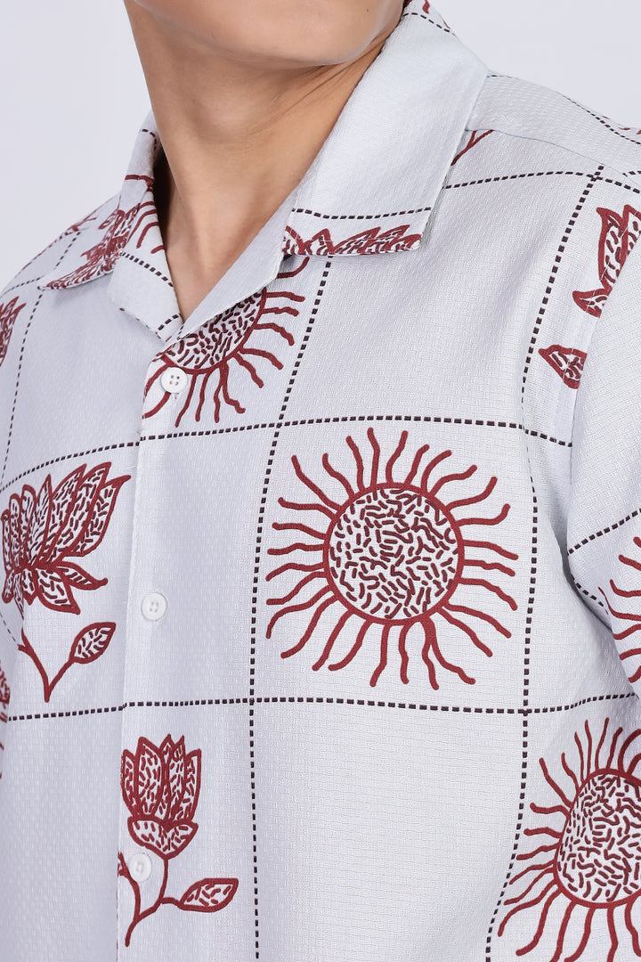 Textured: Cubic Sun Printed White Cuban shirt