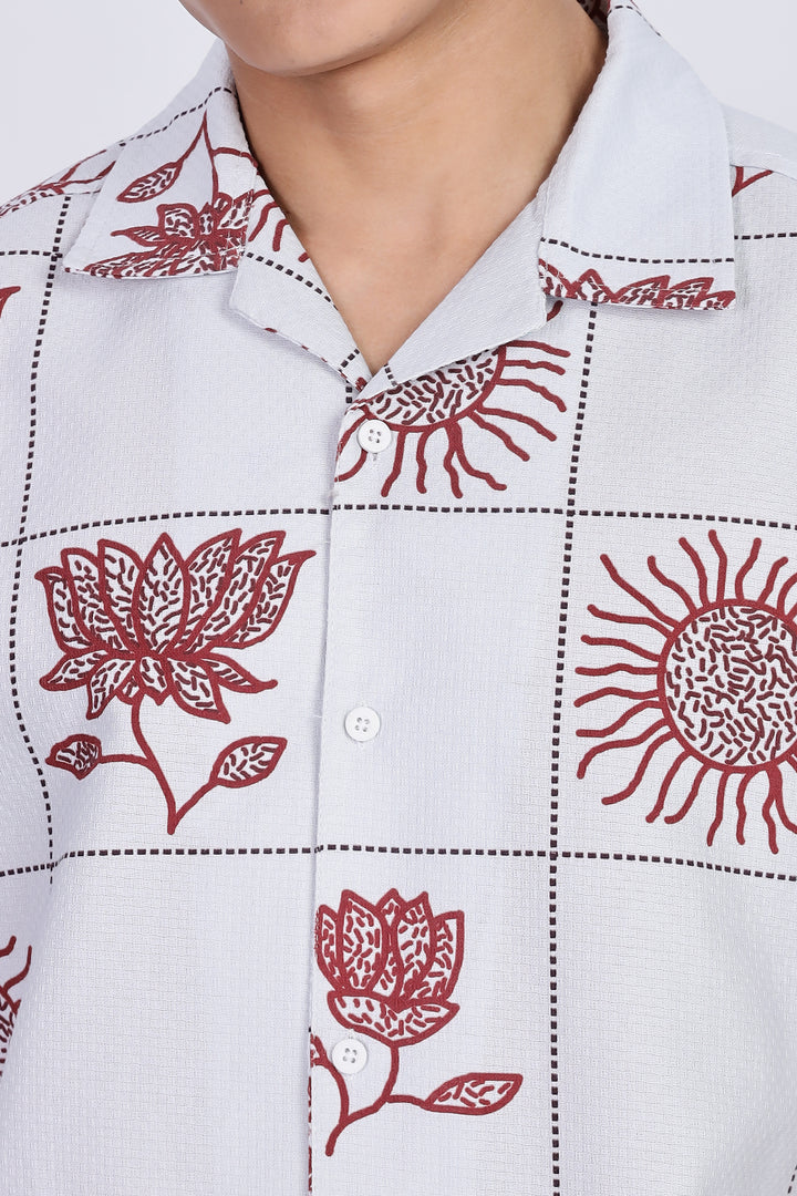 Textured: Cubic Sun Printed White Cuban shirt