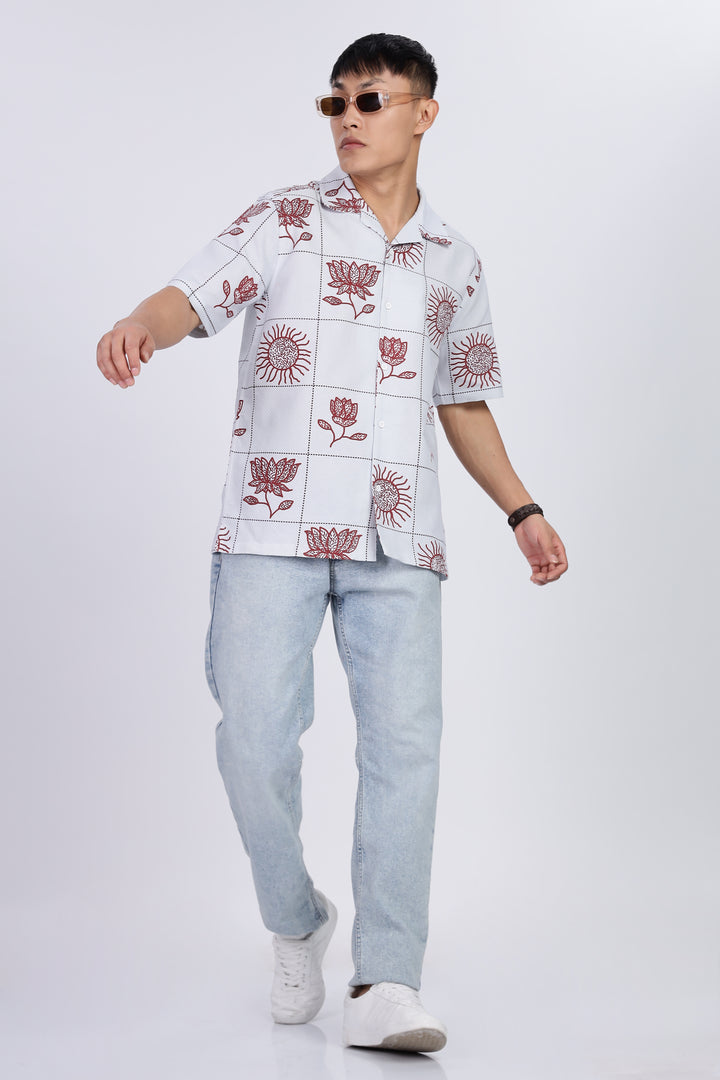 Textured: Cubic Sun Printed White Cuban shirt