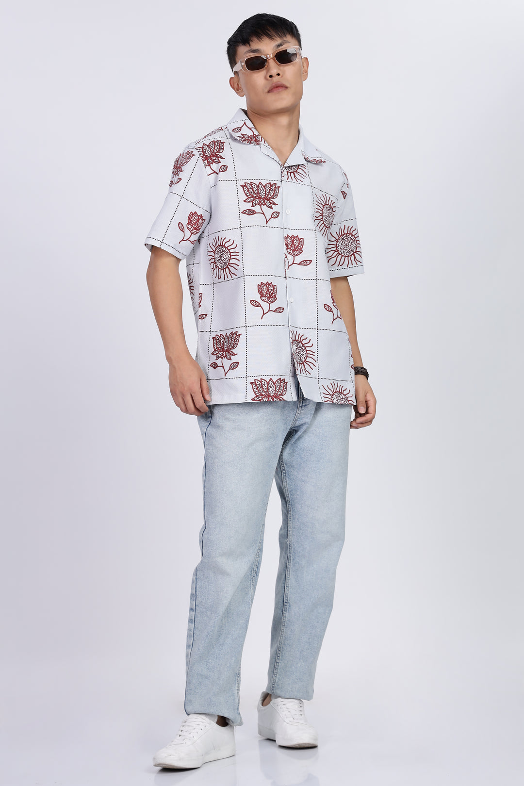 Textured: Cubic Sun Printed White Cuban shirt