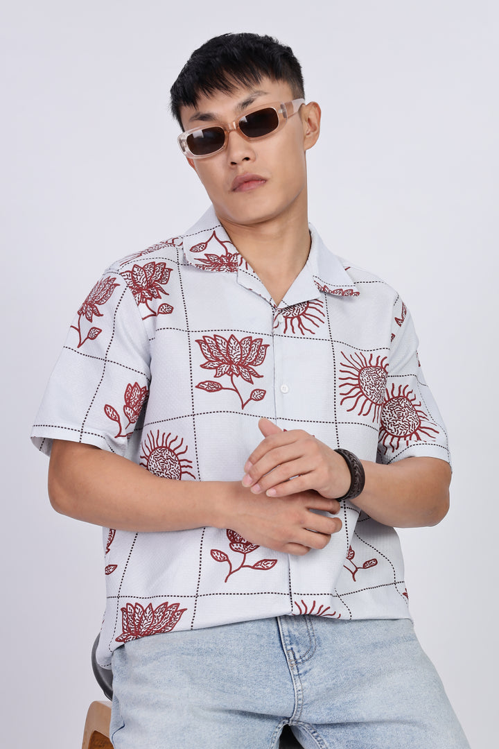 Textured: Cubic Sun Printed White Cuban shirt
