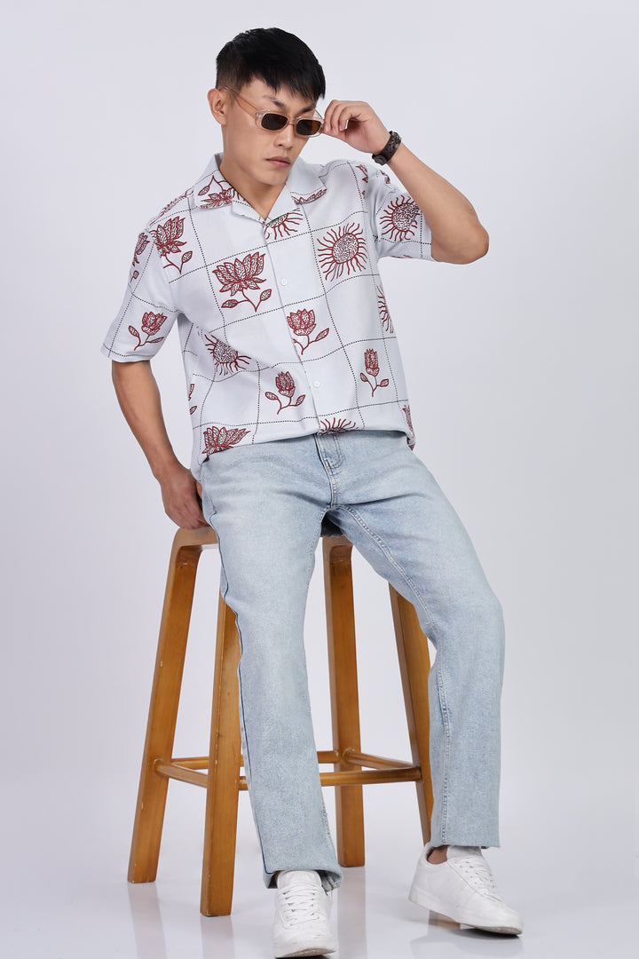Textured: Cubic Sun Printed White Cuban shirt