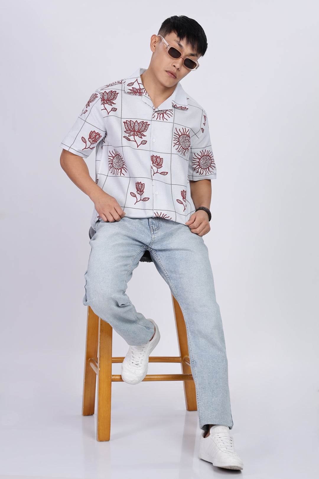 Textured: Cubic Sun Printed White Cuban shirt