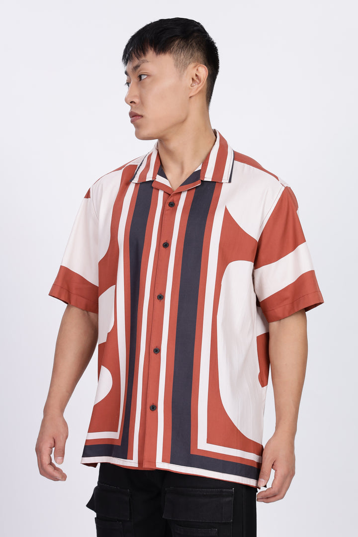 Classic: Abstract Printed Red Cuban Shirt