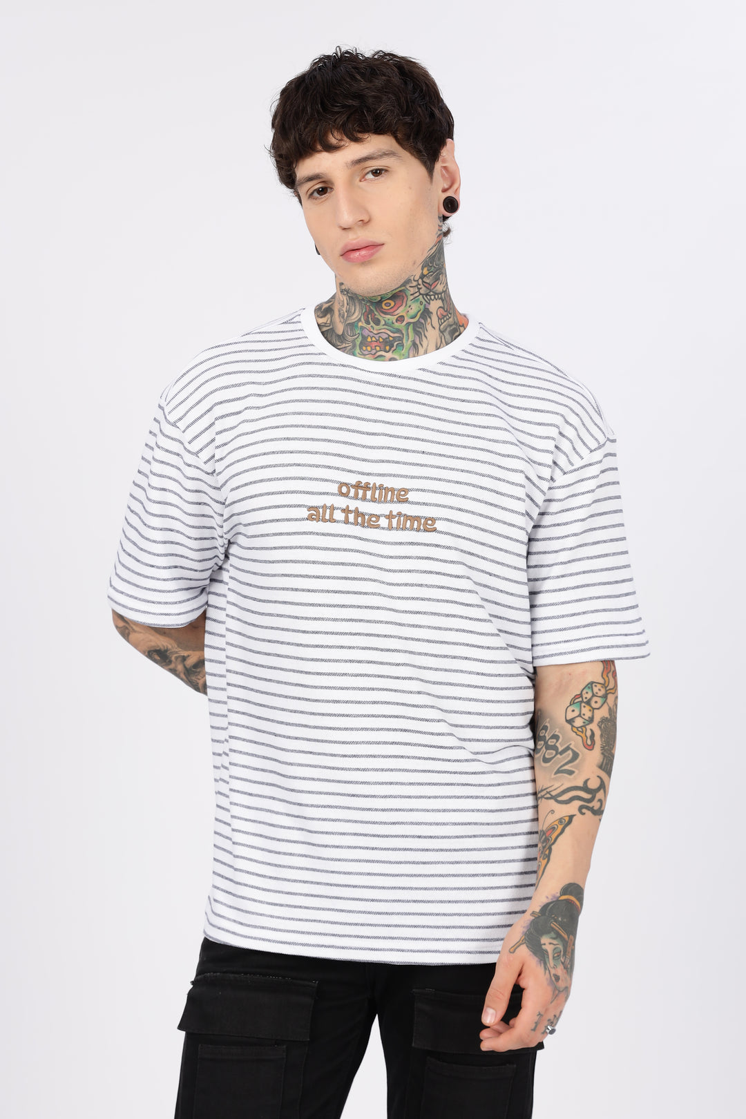 Offline: White Stripes Embroidery Oversized T-shirt