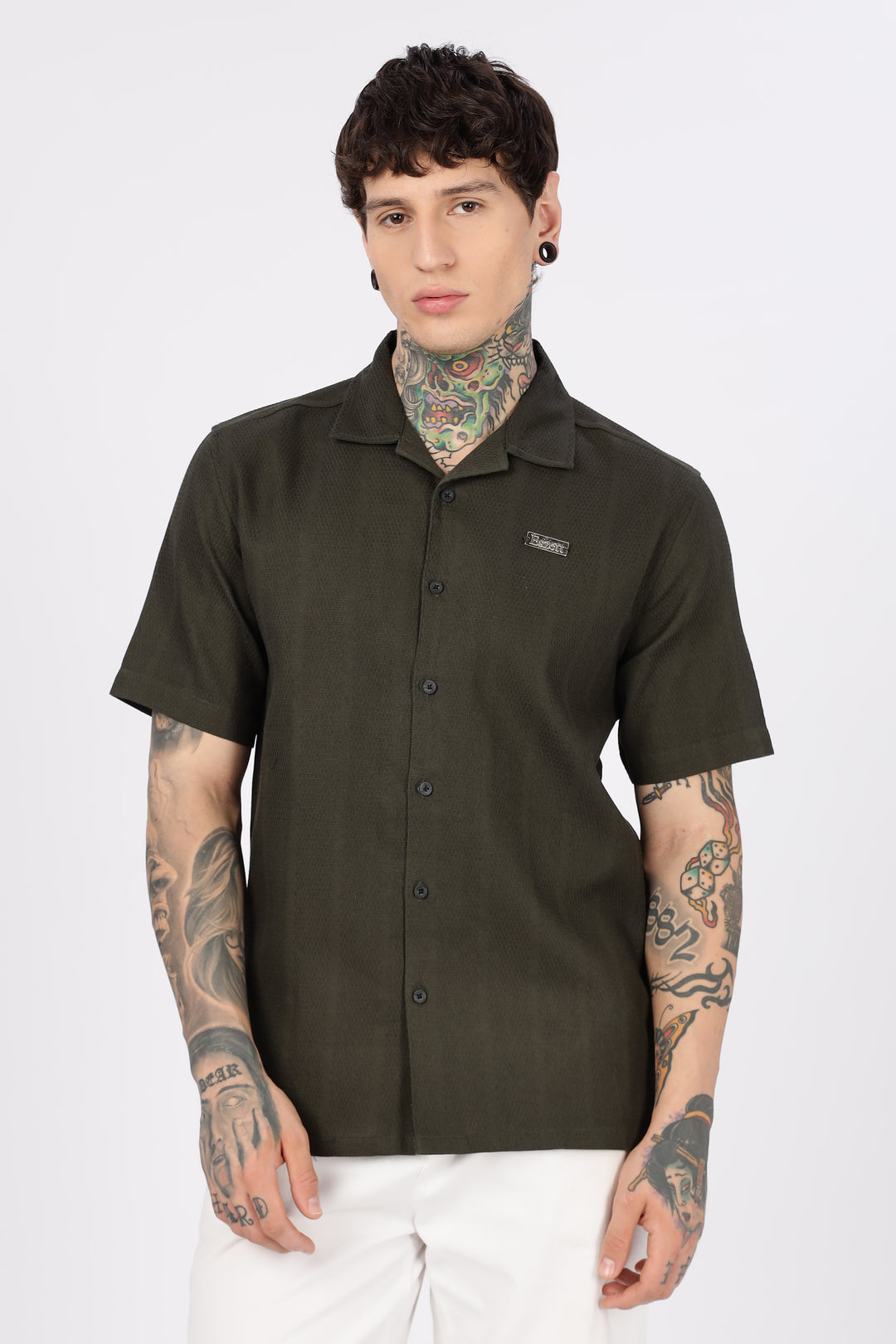 Eszett: Classic Textured Fabric Olive Shirt