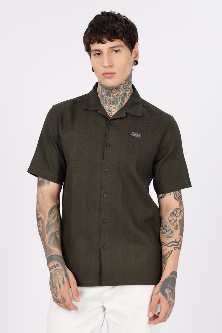 Eszett: Classic Textured Fabric Olive Shirt