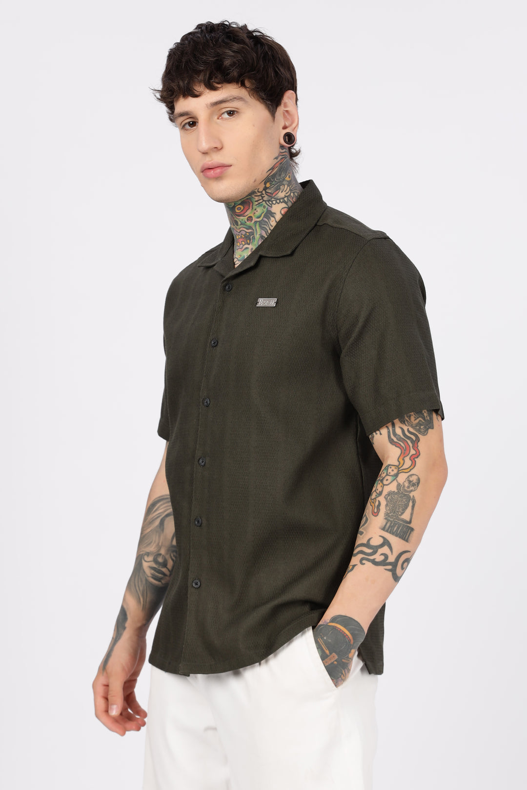 Eszett: Classic Textured Fabric Olive Shirt