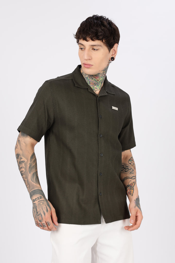Eszett: Classic Textured Fabric Olive Shirt