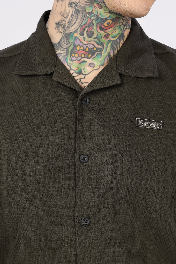 Eszett: Classic Textured Fabric Olive Shirt