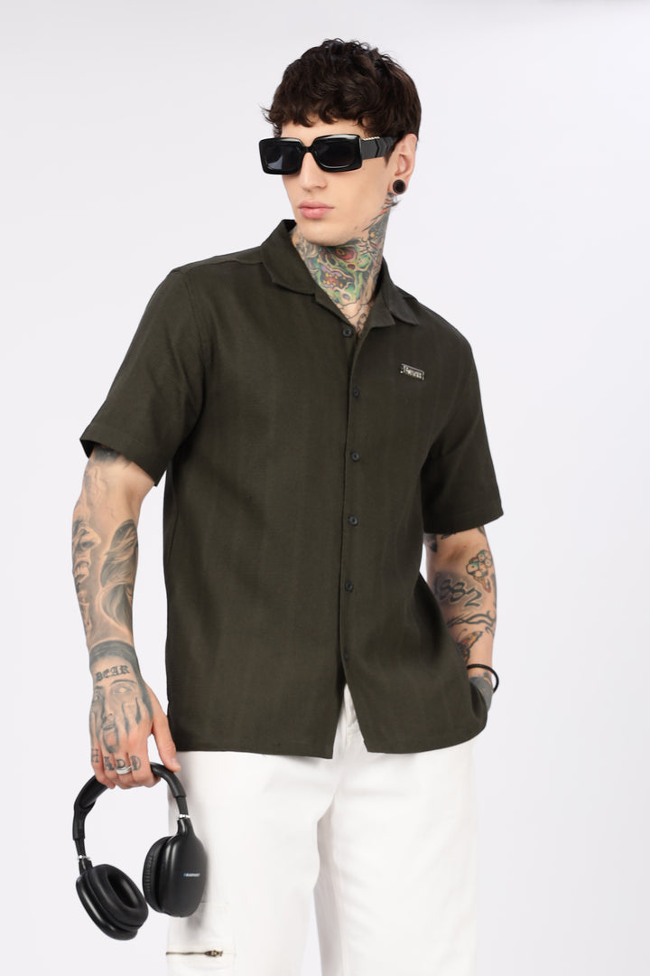 Eszett: Classic Textured Fabric Olive Shirt