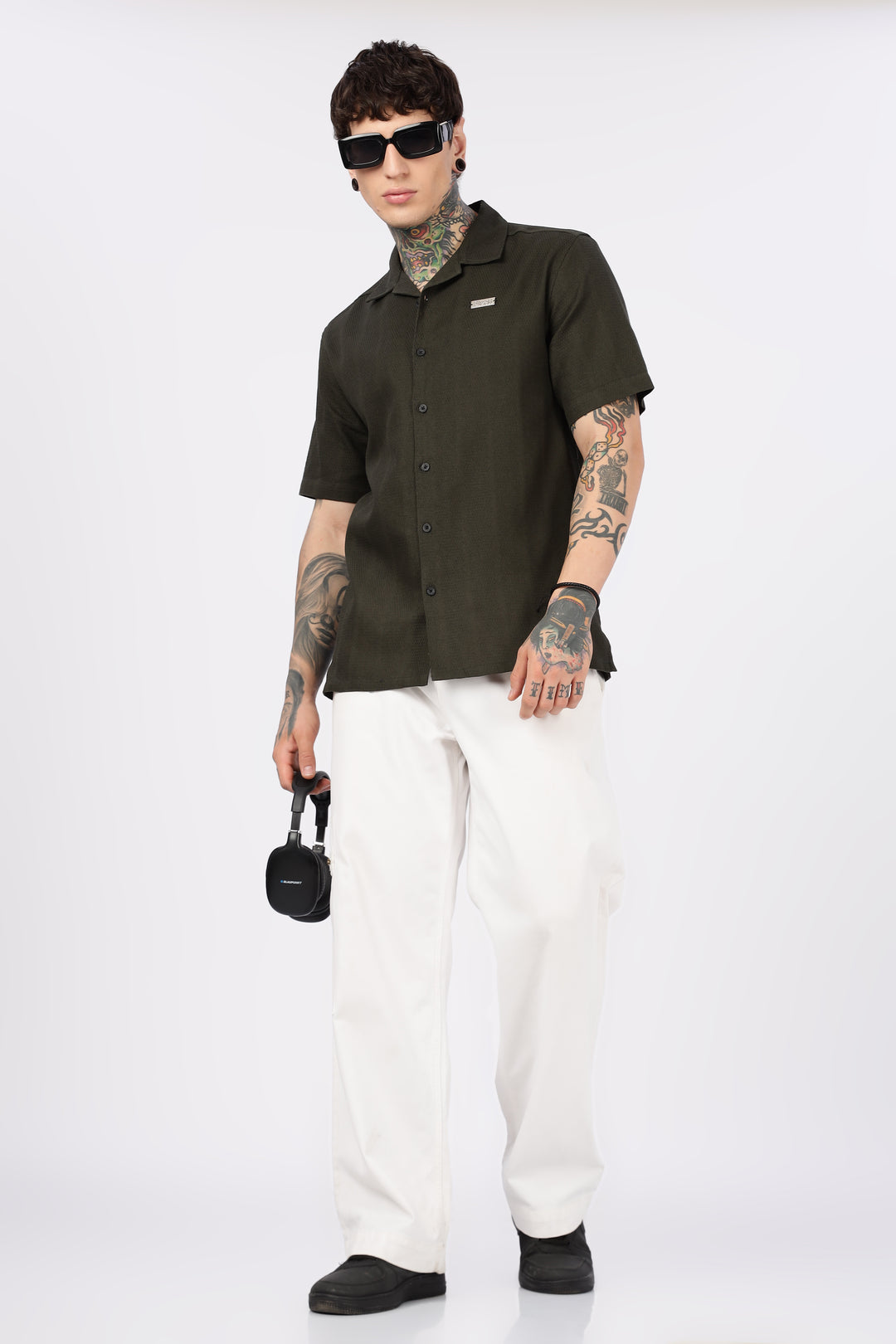 Eszett: Classic Textured Fabric Olive Shirt