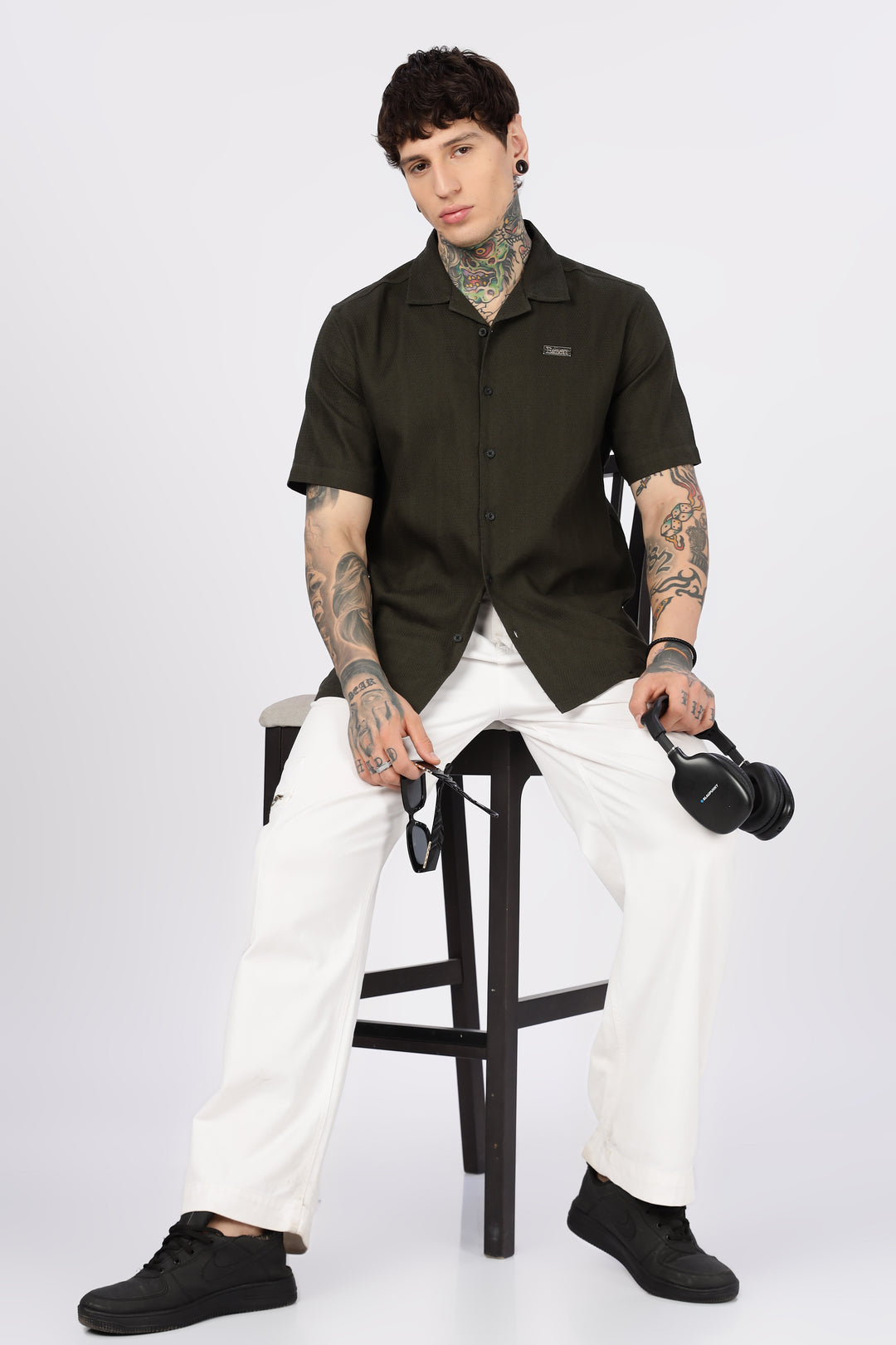 Eszett: Classic Textured Fabric Olive Shirt