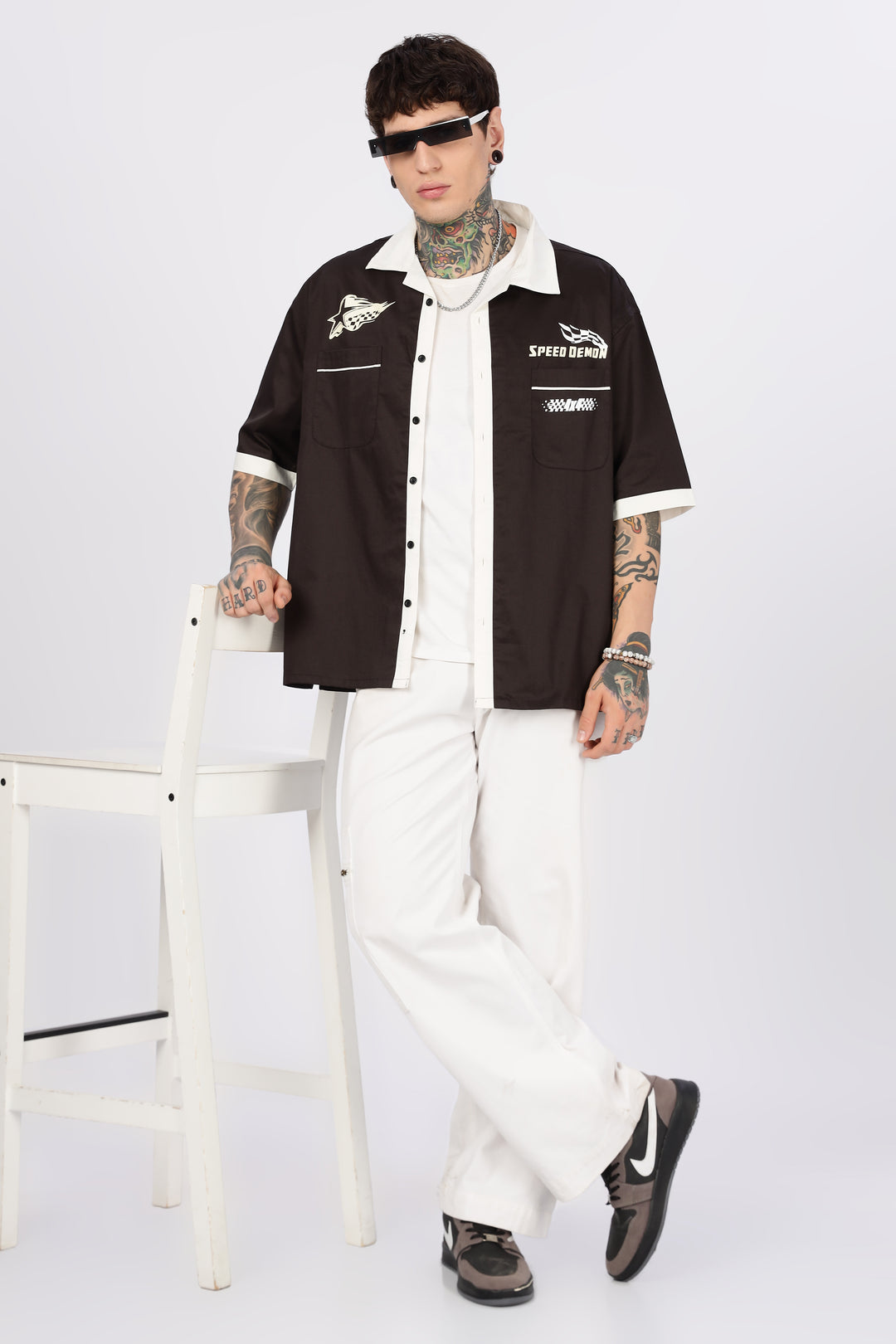 Racing: Brown Oversized Cotton Shirt
