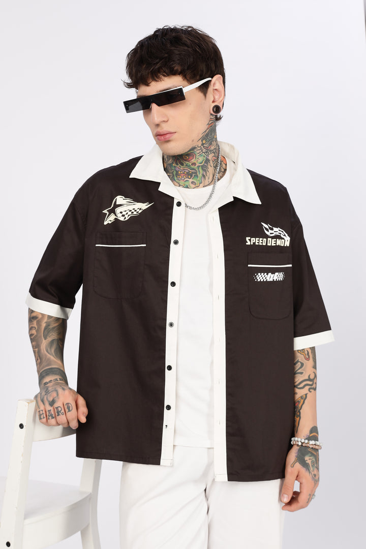 Racing: Brown Oversized Cotton Shirt
