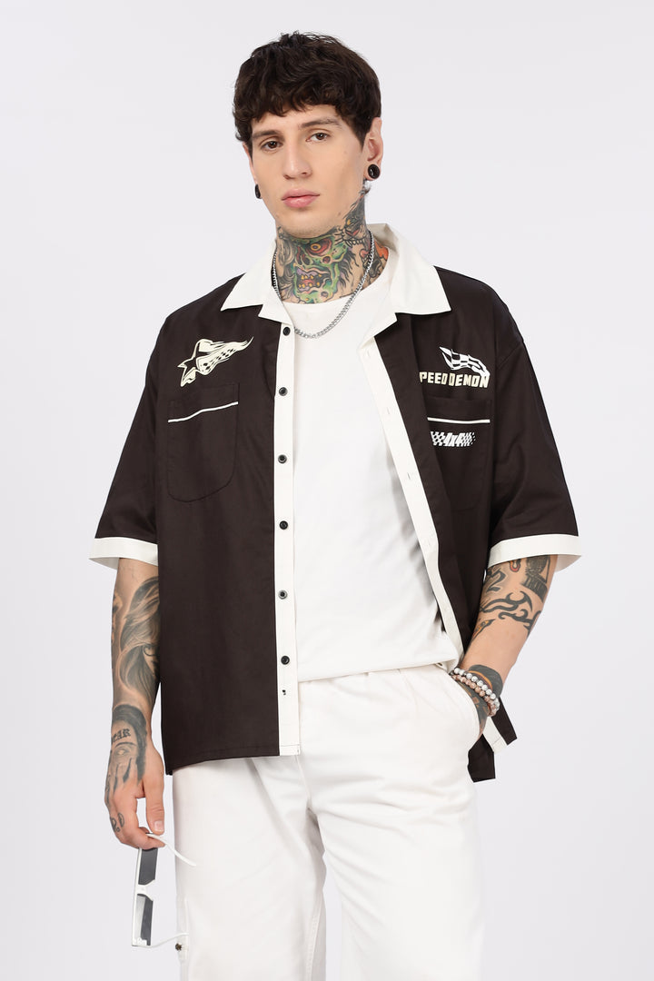 Racing: Brown Oversized Cotton Shirt