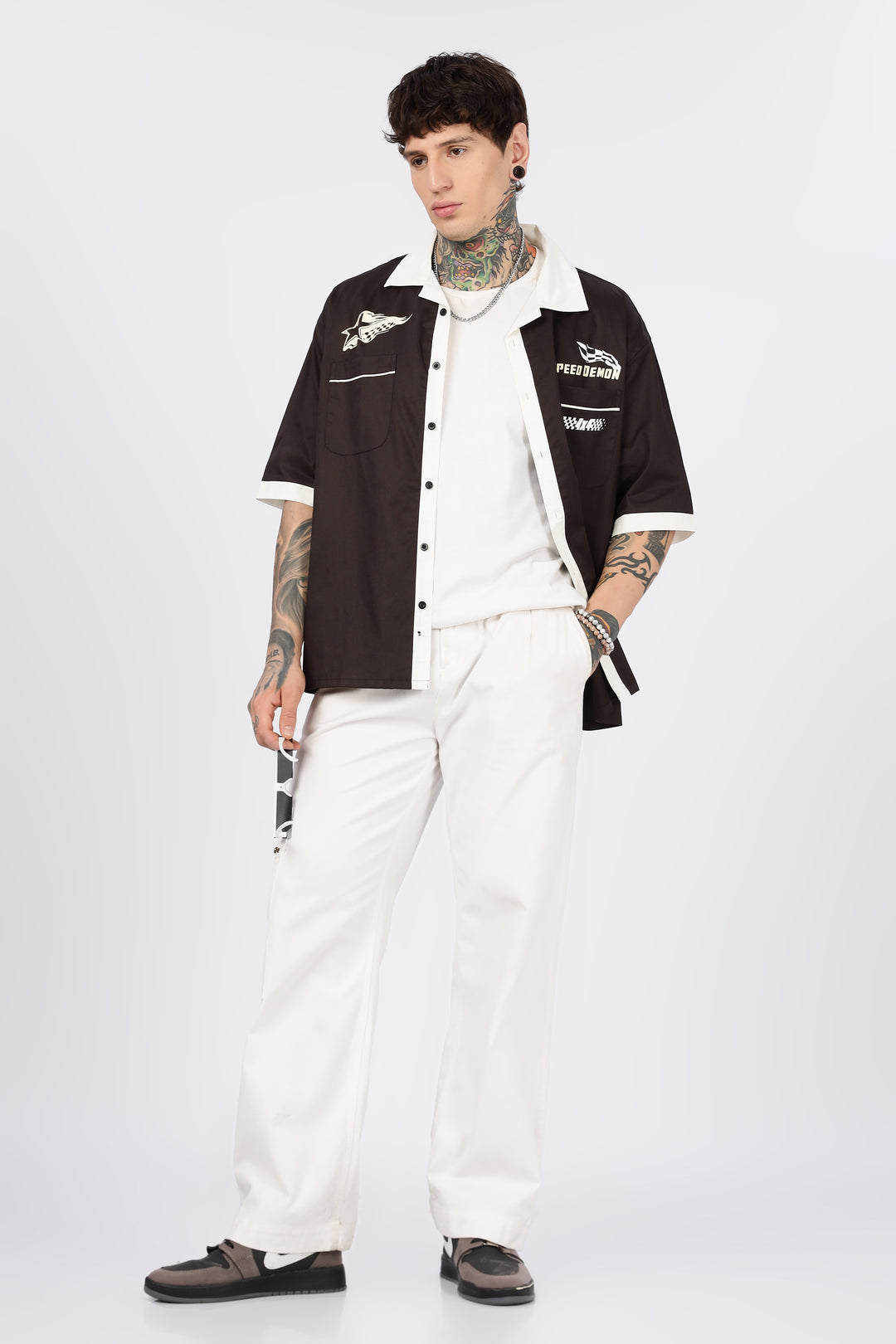 Racing: Brown Oversized Cotton Shirt